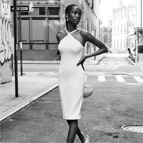 Zara White Cable Knit‎ Cross Neck Halter Dress Womens Size Medium Bridal - Picture 1 of 11